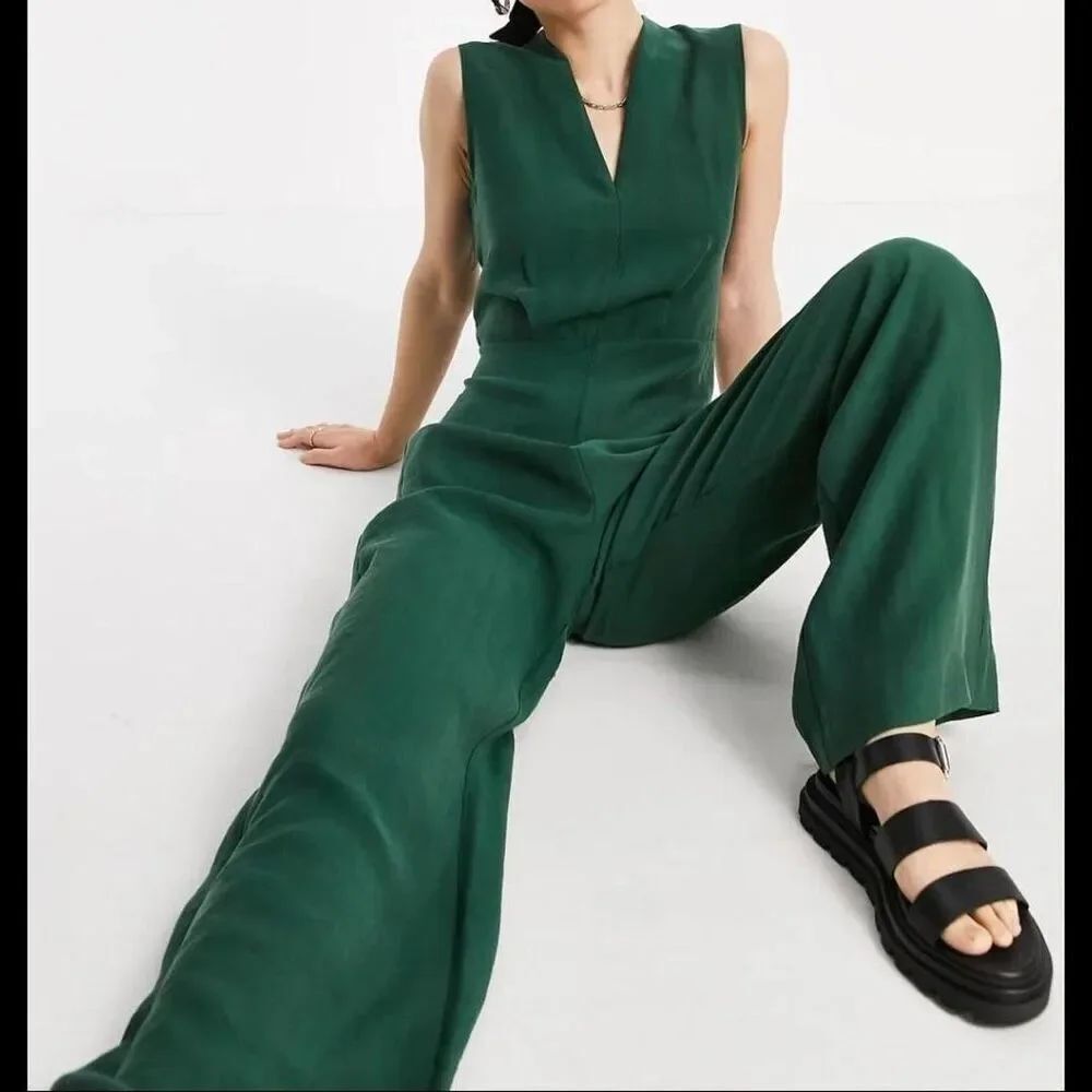 Mango MNG Green Lyocell Wide Leg Jumpsuit Sleeveless Tie Back Women M